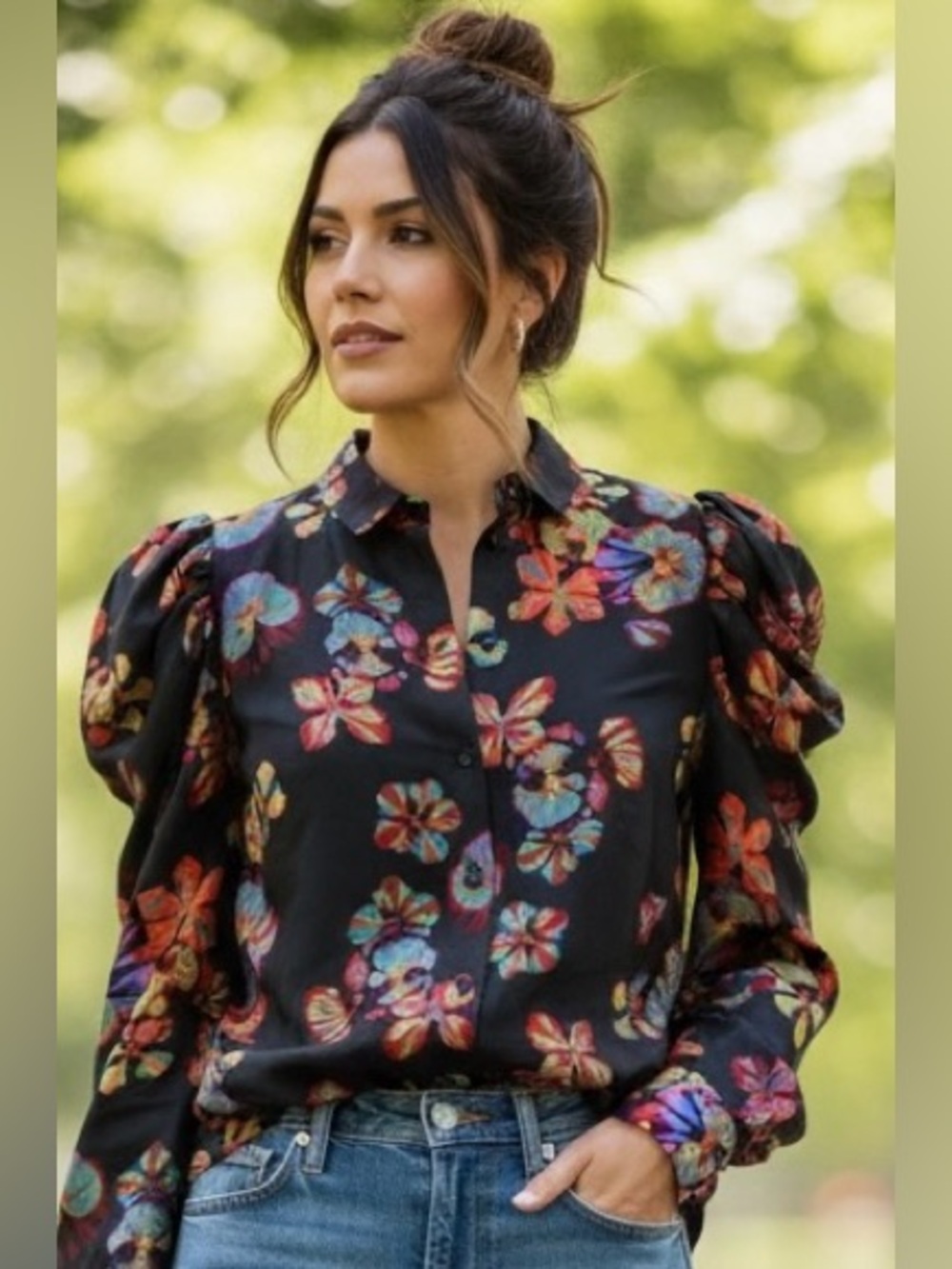 Ulla Johnson Black 100% Silk Puff Sleeve Blouse Botanical Floral Print Size 6